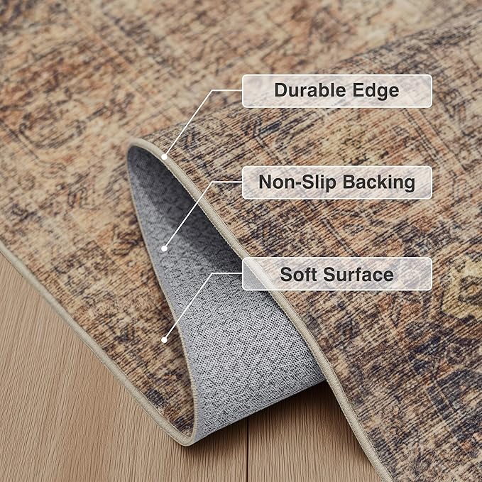 Fmfunctex 2x6 Hallway Runner Rug Rust Brown Vintage Neutral Washable Distressed Non Slip Low Pile Traditional Indoor Carpet Retro Entryway Rug for Kitchen Living Room Bedroom Bathroom Laundry Entrance