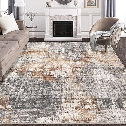 Area Rug Living Room Rugs - 7x9 Washable Large Soft Indoor Neutral Modern Abstract Low Pile Rug Carpet for Bedroom Dining Room Farmhouse Home Office - Grey Brown