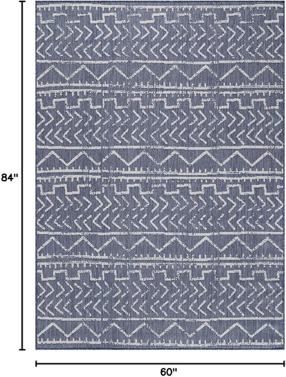 Beverly Rug Waikiki Indoor Outdoor Rug 5x7, Washable Outside Carpet for Patio, Deck, Porch, Trellis Area Rug, Water Resistant, Blue - White