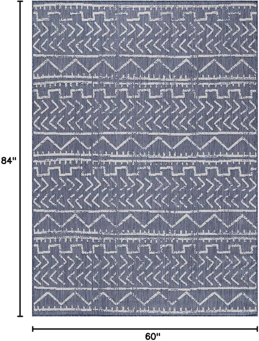 Beverly Rug Waikiki Indoor Outdoor Rug 5x7, Washable Outside Carpet for Patio, Deck, Porch, Trellis Area Rug, Water Resistant, Blue - White