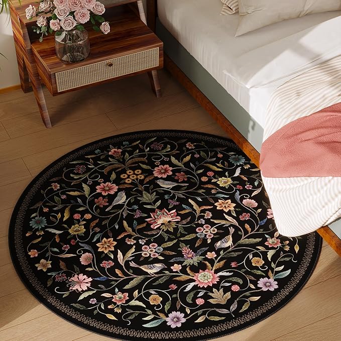 Vintage Medallion Floral Round Rug 4ft, Washable Circle Area Rug, Non-Slip Soft Low Pile Circular Carpet for Bedroom, Living Room, Dining Room, Entryway, Office, Kids, Bathroom | Black