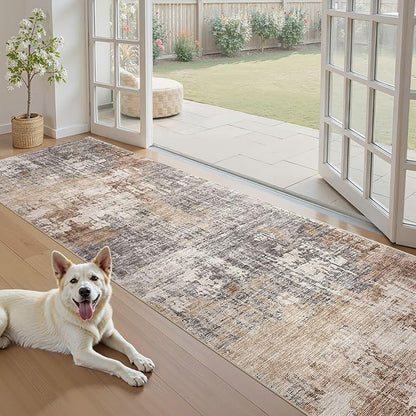Washable Runner Rug for Hallway: 3x12 Neutral Modern Abstract Low Pile Area Rug with Non-Slip Backing - Carpet for Bedroom Kitchen Laundry Entryway Bathroom Indoor - Grey Brown