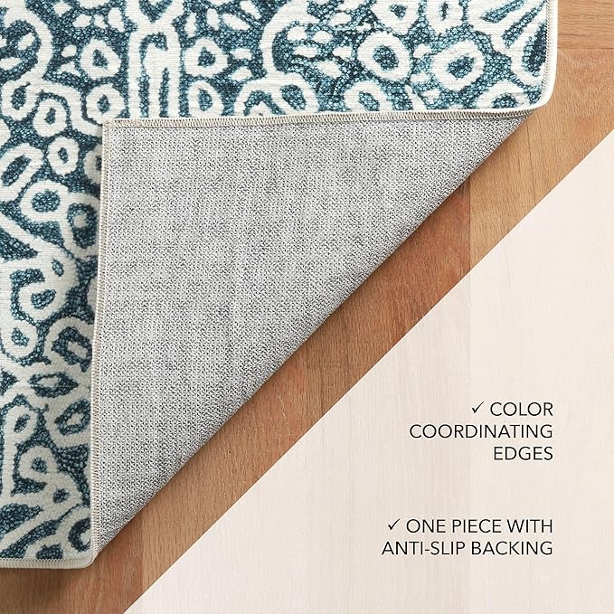 Dash and Albert Temple Ink Machine Washable Area Rug - Runner - 2.5' x 8' Blue - Geometric Accent Rug - Anti-Slip Backing, Lightweight, Machine Washable, High Traffic Areas Kitchen, Mudroom, Entryway