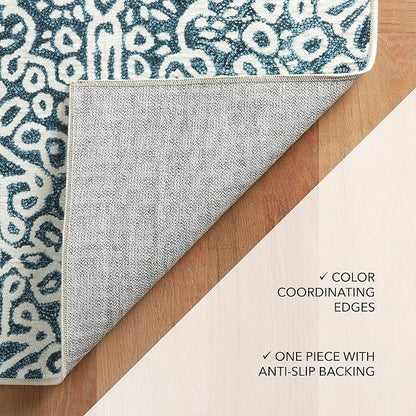 Dash and Albert Temple Ink Machine Washable Area Rug - Runner - 2.5' x 8' Blue - Geometric Accent Rug - Anti-Slip Backing, Lightweight, Machine Washable, High Traffic Areas Kitchen, Mudroom, Entryway