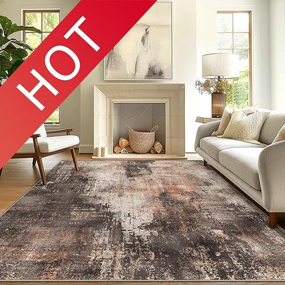 GENIMO Washable Area Rugs for Living Room, 10x14 Vintage Non Slip Rugs, Low Pile Lightweight Soft Print Rug for Bedroom, Dining Room, Home Office, Brown Orange