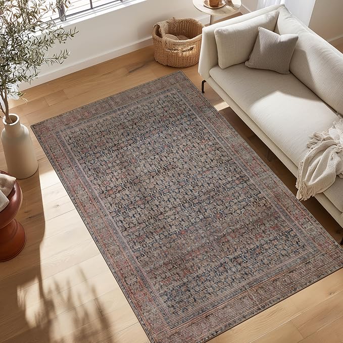Kuden 4x6 Area Rug, Machine Washable Area Rug with Non-Slip Backing, Vintage Style, Soft, Easy Clean, Low Pile Rug for Living Room, Bedroom, Dining Room