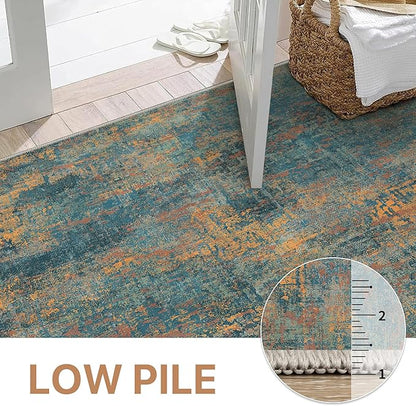 GENIMO Washable Area Rugs for Living Room, 10x14 Vintage Non Slip Rugs, Low Pile Lightweight Soft Print Rug for Bedroom, Dining Room, Home Office, Dark Blue Green
