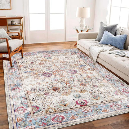 Washable Area Rug 3'x5' Vintage Traditional Floor Cover Foldable Thin Retro Accent Indoor Distressed Non Slip Carpet Floral Print Mat Bedroom Living Room
