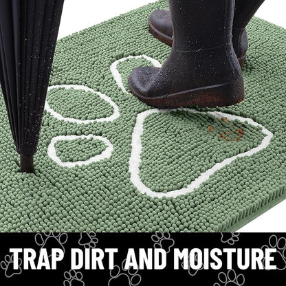 Smiry Dog Door Mat for Muddy Paws, Absorbent Dirt Trapper Non Slip Quick Dry Washable Chenille Mat for Mud Dogs, Entry Rug for Indoor and Outdoor (24x16 Inches, Olive Green and White)