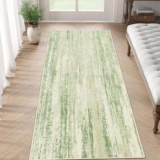 MUJOO Washable Runner Rug 2x6,Modern Abstract Area Rugs for Hallways Kitchen Bedroom Entryway Bathroom Laundry,Non Slip Carpet Long Mat Indoor,Low Pile Throw Rug Accent Neutral Green