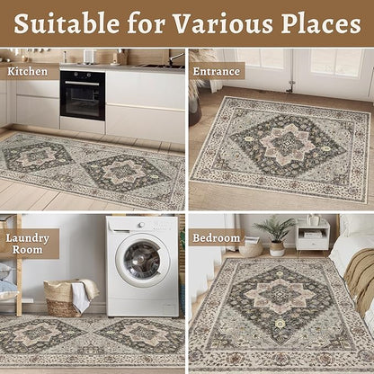 Tangsoo 2x3 Washable Rugs for Entryway, Vintage Non Slip Small Area Rug, Indoor Front Door Rug, Door Mat Small Carpet, Soft Low Pile Entry Rug for Entrance Kitchen Bedroom Print Distressed Grey/Multi
