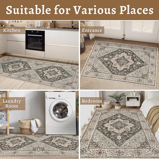 Tangsoo Hallway Runner Rug 2.6x12 Washable Runner Rug for Hallways, Non Slip Vintage Soft Low Pile Long Rug Runner, Print Distressed Carpet Runners for Kitchen Bedroom Entryway Bathroom Living Room