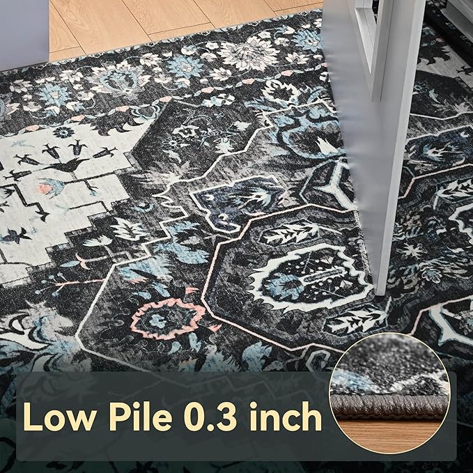 YJ.GWL Area Rugs for Living Room 9x12 Machine Washable Rugs, Non Slip Floral Vintage Rug Indoor Carpet, Stain Resistant Large Rug for Bedroom Dining Room, Black Grey Blue