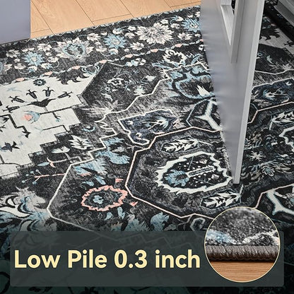 YJ.GWL Area Rugs for Living Room 9x12 Machine Washable Rugs, Non Slip Floral Vintage Rug Indoor Carpet, Stain Resistant Large Rug for Bedroom Dining Room, Black Grey Blue