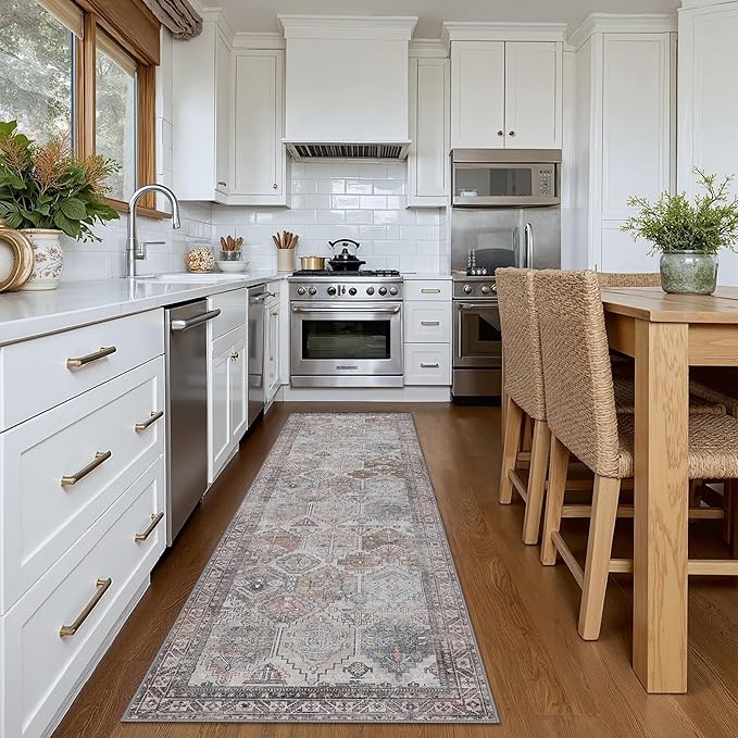 Bavni Kitchen Rug 2x7 Runner Rugs for Hallways Entryway, Washable Vintage Print Carpet, Ultra-Thin Chenille Low Pile Lightweight Rug with Non Slip Backing, Retro Grey