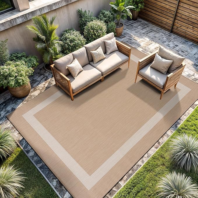 CAMILSON Outdoor Rug 10x14, Large Modern Outside Rugs for Patios Porches Waterproof Durable Washable Non-Shedding, Easy-to-Clean Indoor/Outdoor Area Carpet (10 x 14, Bordered - Beige/White)