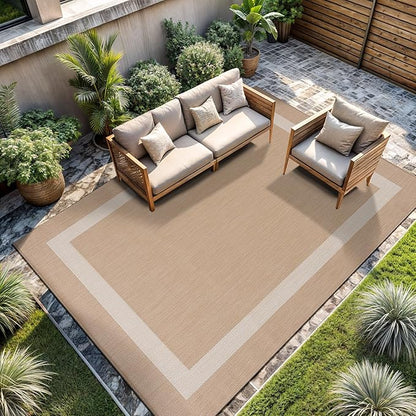 CAMILSON Outdoor Rug 6x9, Modern Outside Rugs for Patios Porches Waterproof Durable Washable Non-Shedding, Easy-to-Clean Indoor Outdoor Area Carpet (6 x 9, Bordered - Beige/White)