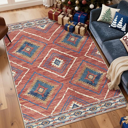 Area Rug 3x5 Rug Machine Washable Non-Slip Low Pile Print Pattern Western Rug for Living Room Bedroom Entryway Tribal Series -Red/Orange