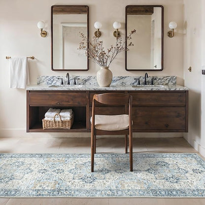 Runner Rug 2'6''x8, Non Slip Vintage Hallway Runner Rugs, Low Pile Lightweight Machine Washable Mat for Hallway, Entryway, Bedroom, Kitchen and Corridor, Blue