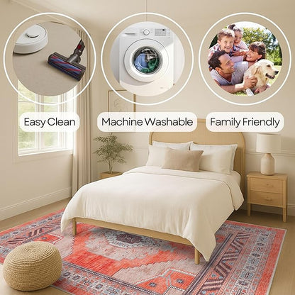 Fame Rugs Turkish Rug. Washable Vintage Oriental Antique Inspired Traditional Doormat Small Modern Area Rugs Luxury Entryway Entry Bedroom Bathroom Kitchen (380TT, 4'9 x 6'9)