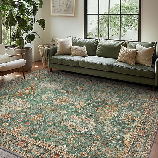 Bavni Washable Area Rugs 8x10 Green Boho Rug Tumble Vintage Large Carpet for Living Room Bedroom Dining Room, Non Slip Thin Low Pile Chenille, Dark Sage/Gold