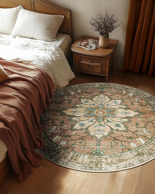 Area Rugs 4ft Washable Non-Slip, Floral Vintage Distress Print Pattern Medallion Carpet for Living Room Bedroom Dining Room, Brick Red Rust Neutral Brown Burnt Orange