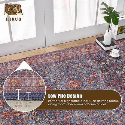 Washable Area Rug 3' x 5 ' Vintage Traditional Persian Mat - Foldable Distressed Non-Slip Machine Washable Carpet for Living Room Bedroom Kitchen Home Decor - Indigo and Crimson