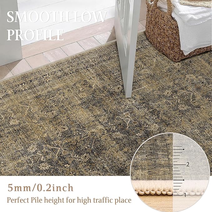 4x6 Brown Black Area Rug Washable Vintage Distressed Office Carpet Low Pile Entryway Non Slip Indoor Soft Retro Entrance Throw Accent Rug for Kitchen Bathroom Bedroom Dining Living Room