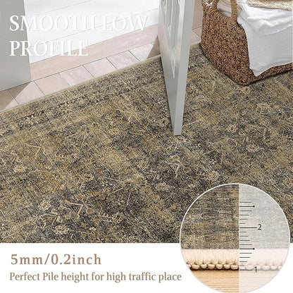 4x6 Brown Black Area Rug Washable Vintage Distressed Office Carpet Low Pile Entryway Non Slip Indoor Soft Retro Entrance Throw Accent Rug for Kitchen Bathroom Bedroom Dining Living Room