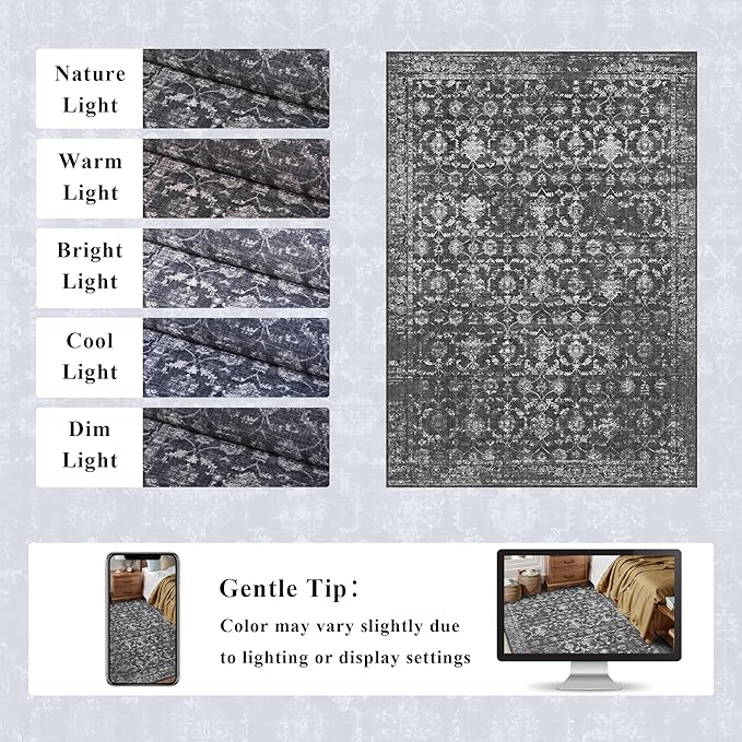 Washable Area Rug 9x12 Black Rugs for Living Room, Vintage Boho Large Rug for Bedroom Dining Room Office, Distressed Floral Print Carpet for Under Table, Soft Non Slip Low Pile Throw Carpet Indoor Mat