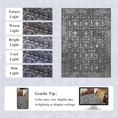 Washable Area Rug 9x12 Black Rugs for Living Room, Vintage Boho Large Rug for Bedroom Dining Room Office, Distressed Floral Print Carpet for Under Table, Soft Non Slip Low Pile Throw Carpet Indoor Mat