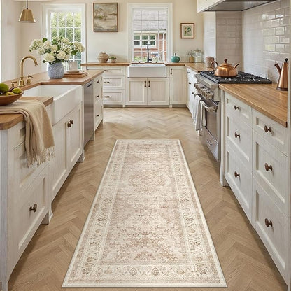 2x6 Beige Washable Vintage Area Rug for Living Room Bedroom Soft Tranditional Non Slip Runner Rug Lightweight Floral Low Pile Distressed Runner Entrance Laundry Room Hallway