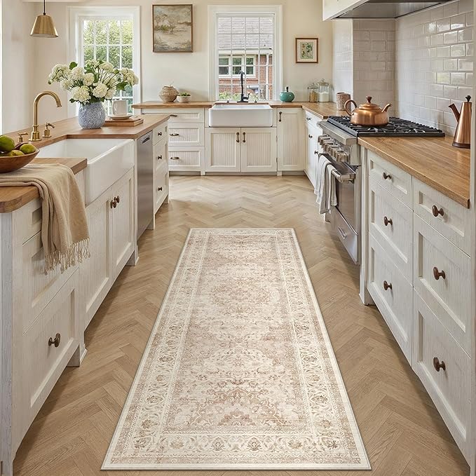2x5 Beige Washable Vintage Area Rug for Living Room Bedroom Soft Tranditional Non Slip Runner Rug Lightweight Floral Low Pile Distressed Carpet Hallway Kitchen Bedroom Entrance