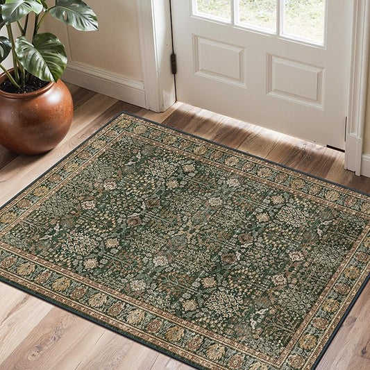 Bavni 2x3 Doormat, Machine Washable Runner Rug Non Slip, Vintage Floral Print Style Rugs for Entrance-Lightweight Low Pile Carpet for Hallways Kitchen and Corridor, Dark Green/Multi