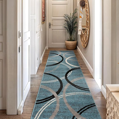 Rugshop Modern Wavy Circles Design Runner Rug, Non-Shedding Carpet for Hallway, Kitchen, or Entryway, Blue, 2' x 7'2"