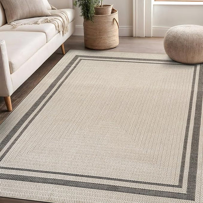 Beverly Rug Easy Jute Bordered Rug 8x10 Washable Durable Indoor Outdoor Area Rugs for Living Dining Room Patio Office Stain Resistant Non Shedding Casual Indoor Outside Carpet 8 x 10 Off-White