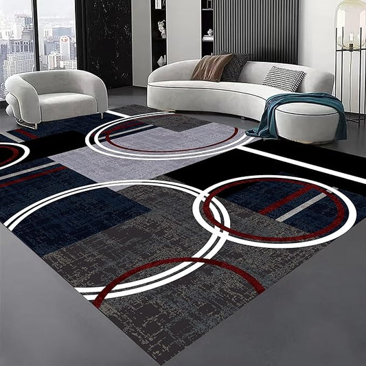 Area Rug 8x10 Modern Abstract Circle Rugs, Multicolor Low Pile Carpet, Machine Washable & Non-Slip Non-Shedding Stain Resistant for Bedroom, Living Room
