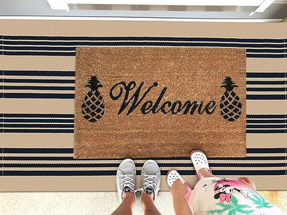 KOZYFLY Striped Front Door Mat 3x5 Ft Brown and Black Front Door Rug Cotton Washable Indoor Outdoor Rug Doormats Outdoor Striped Area Rugs for Kitchen Entryway Front Porch