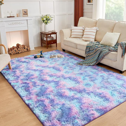 Andency Soft Area Rugs for Living Room Bedroom, 5x8 Fluffy Shaggy Bedside Rug, Non-Slip Large Shag Fuzzy Plush Carpets for Bedroom Kids Dorm Nursery Home Decor Aesthetic, Tie-Dyed Unicorn Rainbow