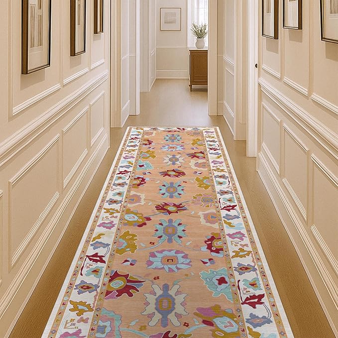 Fame Living Orange Oushak Runner Rug, Modern Runners, Vintage, Turkish, Eclectic, Floral, Pastel, Washable, Runner for Hallway, Kitchen, Bedroom, Bathroom, 2'5"x9'8"