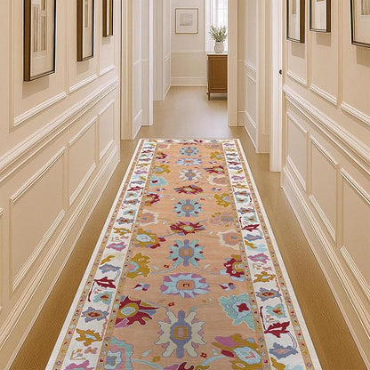 Fame Living Orange Oushak Rug, Vintage Turkish Eclectic Floral Sweet Pastel Large Runner Rugs for Hallway Kitchen Living Room Dining Bedroom Kitchen Bathroom 2'5"x13'