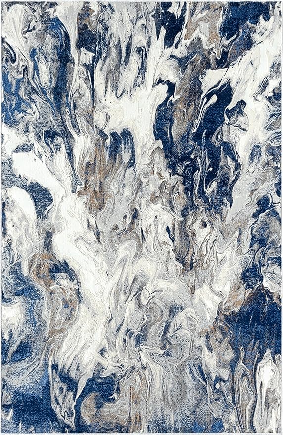 Abani Regal Blue Area Rug for Living Room, Bedroom - Swirl Abstract Pattern - 4' x 6' - Durable & Easy to Clean Washable