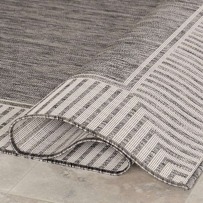 Nuloom Asha Grey/Ivory, 9'6" x 12', Casual, Striped Border, Soft and Cozy, High Traffic, Stain Resistant, Easy Clean, Durable Area Rug for Indoor/Outdoor Patio, Deck, Porch, Garden, Courtyard