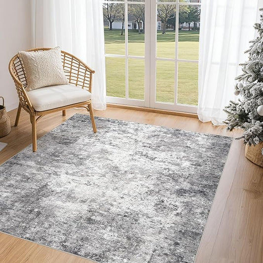 Square Area Rugs : Washable 5x5 Neutral Modern Abstract Carpet for Living Room Bedroom - Soft Floor Mat with Non Slip Backing for Kitchen Nursery Dorms Farmhouse Home Decor - Grey