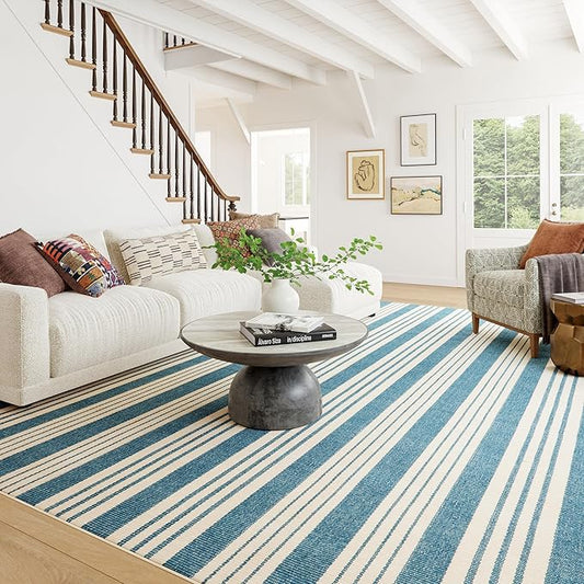 Dash & Albert Talos Blue Machine Washable Rug, 4 X 6 Feet, Blue/Ivory Stripe Pattern