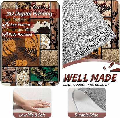 Floral Tropical Patchwork Area Rug 7x9ft, Vintage Black & Brown Country Carpet, Low Pile Non-Slip Mat for Cozy Bedroom, Dining Room, Farmhouse Decor