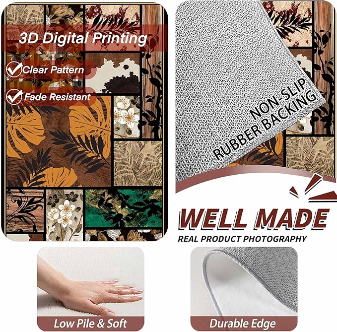 Floral Tropical Patchwork Area Rug 4x6ft, Vintage Black & Brown Country Carpet, Low Pile Non-Slip Mat for Cozy Bedroom, Dining Room, Farmhouse Decor