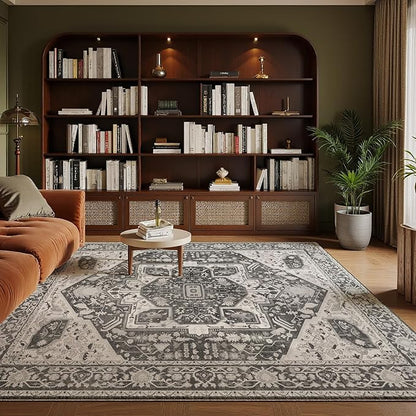 EnHomee 5x7 Area Rugs Washable for Bedroom, Boho Vintage Rugs, Foldable Area Rug for Dining Room, Non-Slip Soft Living Room Rug, Low Pile Large Carpet for Bathroom, Grey