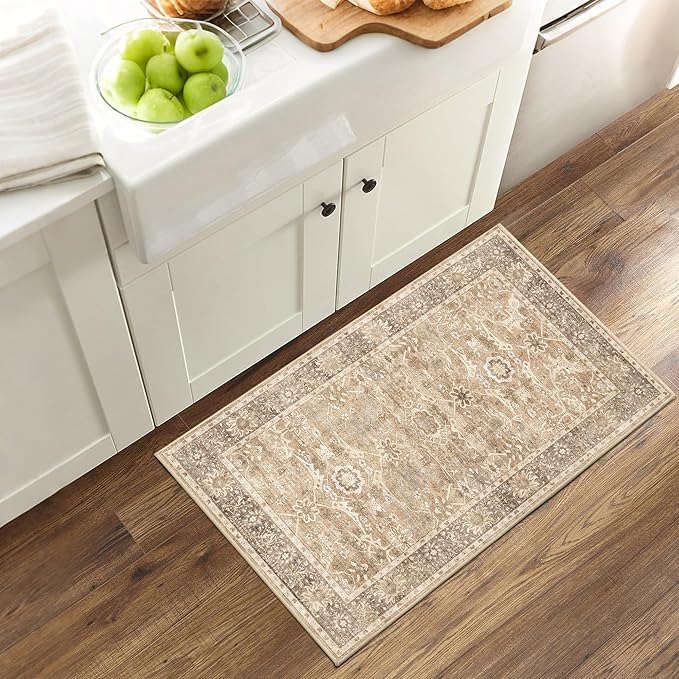 2x3 Entryway Rug Beige Washable Vintage Rugs for Entryway Kitchen Low Pile Non-Slip Door Mat Traditional Distressed Small Throw Area Rugs for Kitchen Entrance Bathroom Beige