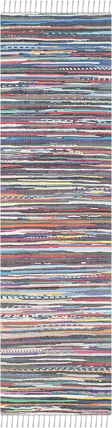 SAFAVIEH Rag Rug Collection Runner Rug - 2'3" x 10', Grey & Multi, Handmade Boho Stripe Cotton, Ideal for High Traffic Areas in Living Room, Bedroom (RAR121M)